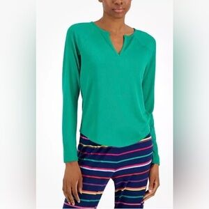 Jenni Long Sleeve Green Ribbed Split Neck Pajama Top